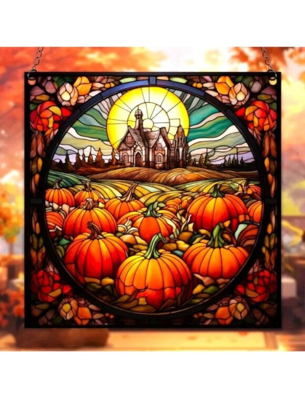Suncatcher Autum Fall Scene Goth House Halloween Sun Pumpkin Hanging In/Outdoor - Picture 1 of 5
